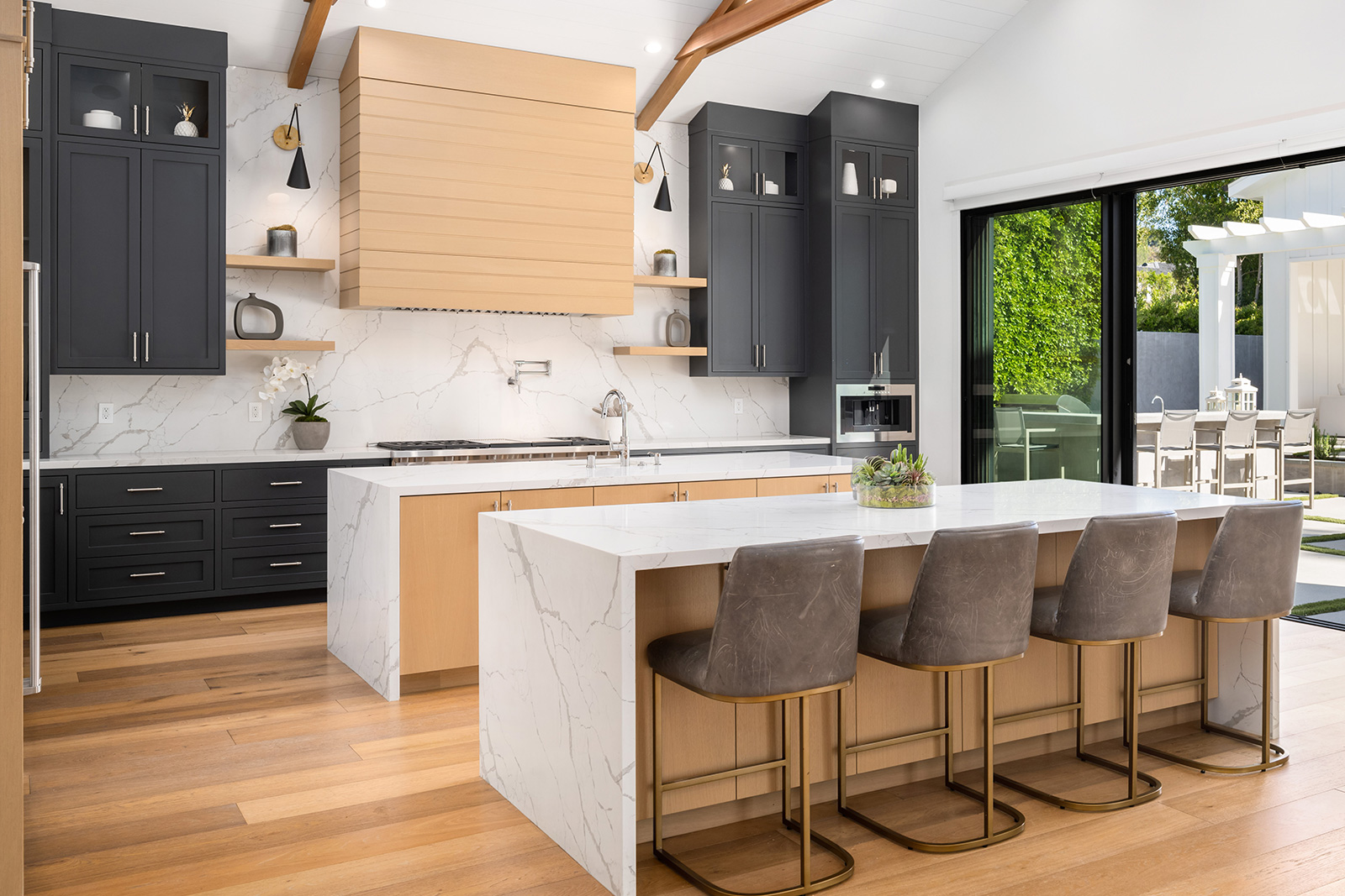 Quartz countertops and pendant lights